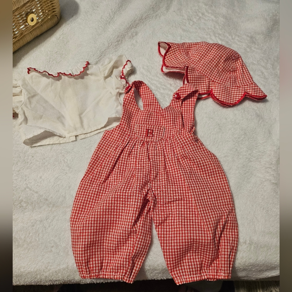 Vintage Bitty Baby American Girl Doll Red Checked Overalls With Shirt And Hat